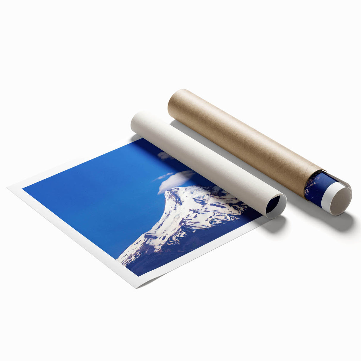 Rolled print of Mount Hood in Oregon with muted earth tones, ideal for classy bathroom wall art.