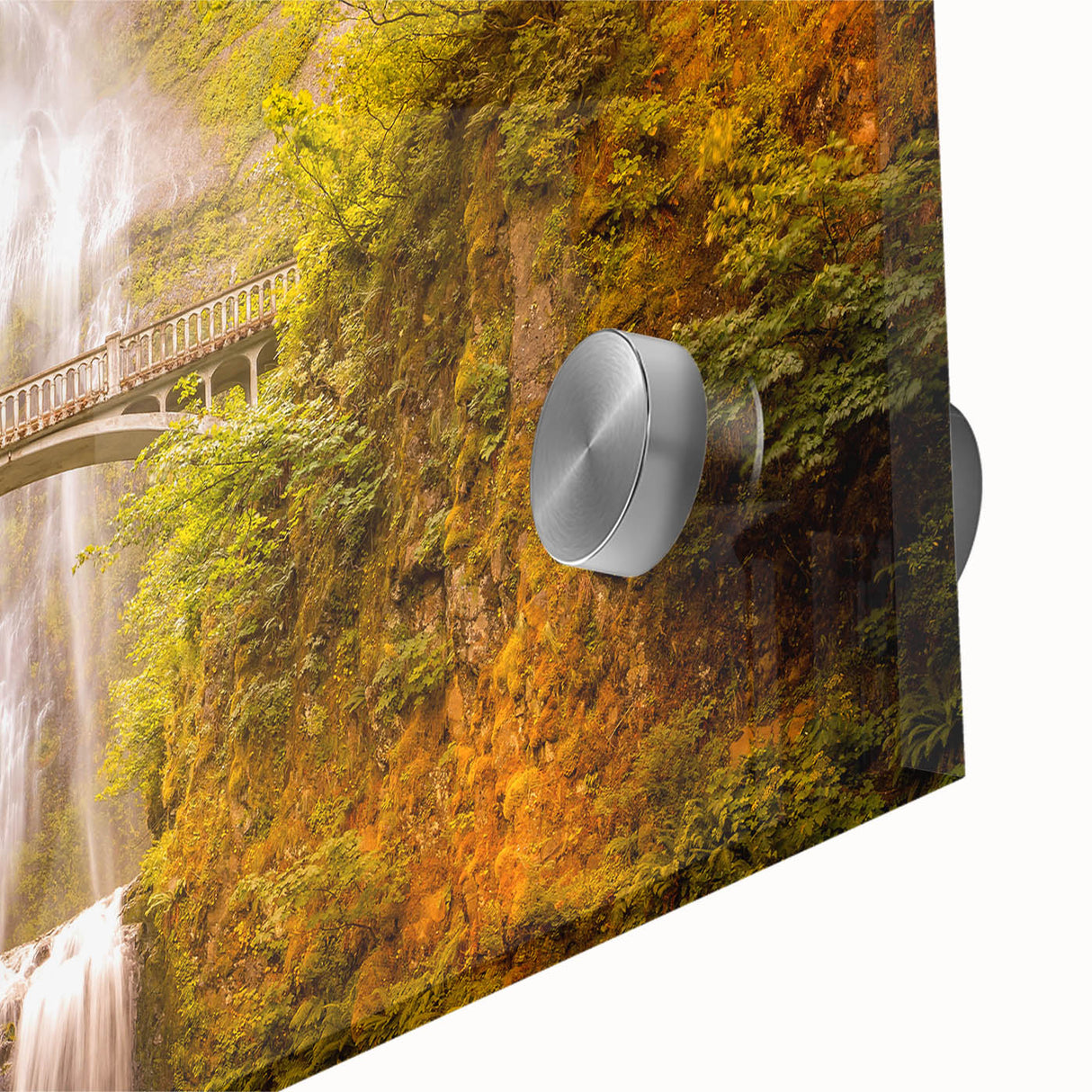 Acrylic print of Multnomah Falls in Oregon featuring large abstract shapes and mid-century modernist style.