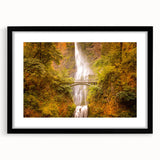 Extra large framed print of Multnomah Falls in vibrant colors, ideal for living room decor.