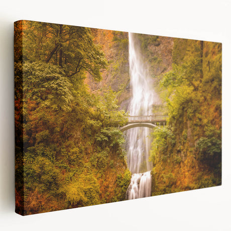 Large canvas depicting Multnomah Falls in Oregon with lush greenery and waterfall, suited for kitchen wall art.