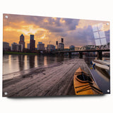 Acrylic print of a large abstract depiction of Portland, Oregon, in muted earth tones.