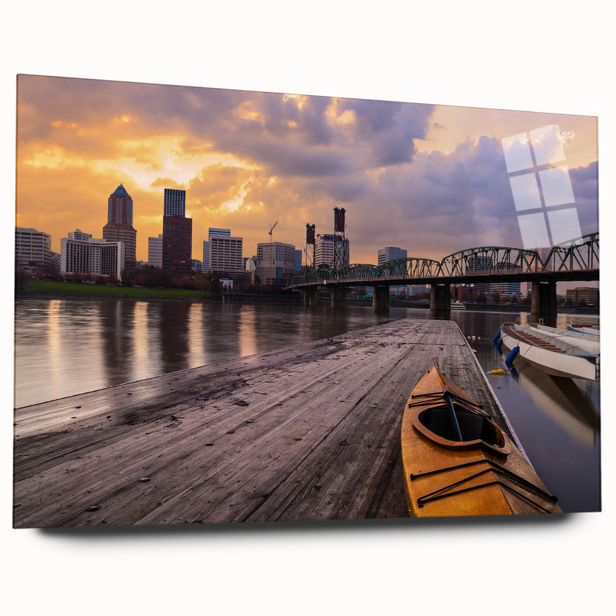 Acrylic print of a large abstract depiction of Portland, Oregon, in muted earth tones, ideal for bedroom or dining room art.