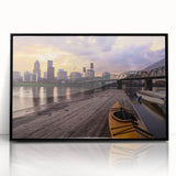 Large abstract wall art depicting Portland, Oregon, in acrylic with a black frame, ideal for modern living room decor.