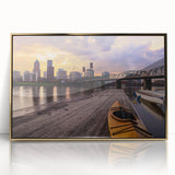 Mid-century modernist Portland, Oregon skyline in muted gold and blue tones on a framed acrylic print.