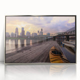 Mid-century modernist art of Portland, Oregon skyline in muted earth tones on a framed acrylic print.