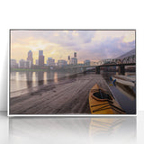 Acrylic print of Portland, Oregon skyline in art deco style with muted gray and white tones.