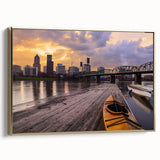 Framed canvas depicting a vintage-style Portland, Oregon landscape in muted gold and black tones, ideal for bedroom wall art.