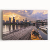 Black and white photo of Portland, Oregon's skyline on stretched canvas, suitable for kitchen wall art.