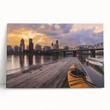 Black and white photo of Portland, Oregon skyline on large stretched canvas, ideal for kitchen wall art.