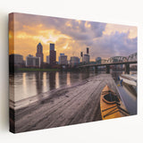 Large canvas print of Portland, Oregon skyline in muted gray and blue tones, suitable for kitchen wall art.
