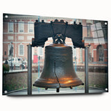 Acrylic print of Philadelphia skyline in muted blue and gray tones, suitable for bedroom or dining room decor.