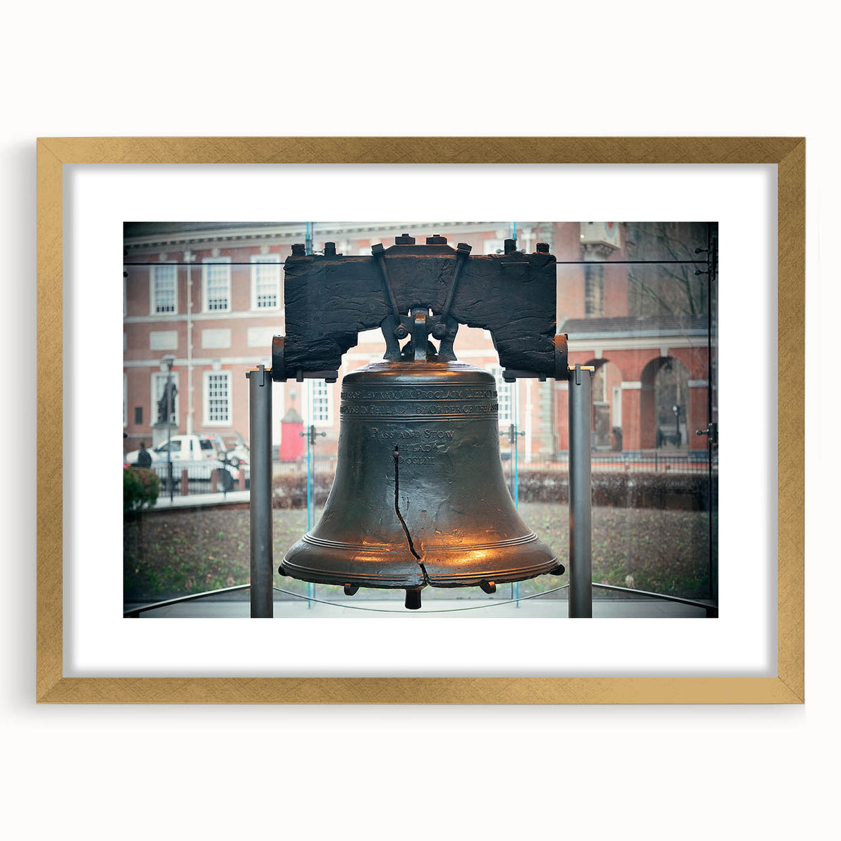 Extra large abstract art print of Philadelphia skyline in textured gold frame, ideal for living room decor.