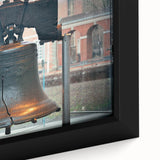 Close-up of textured black wall art featuring a colorful Philadelphia skyline on a framed canvas.