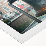 Art deco poster of Philadelphia skyline in muted gold and blue tones on rolled canvas, suitable for dining room wall art.