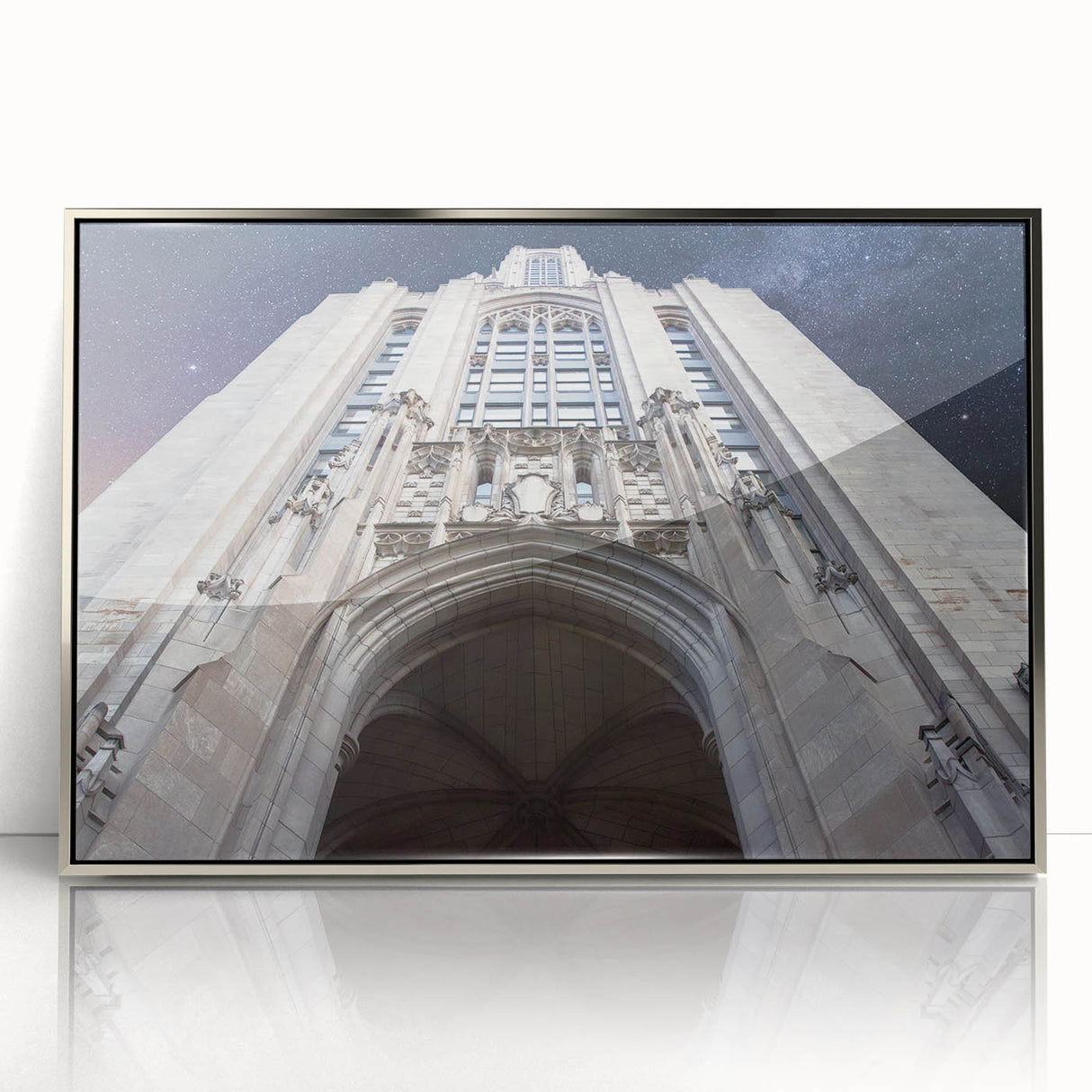 Mid-century modernist art depicting the Pittsburgh skyline in muted gray and blue tones on a framed acrylic print.