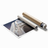 Extra large rolled print of Pittsburgh skyline in muted gray and blue tones, ideal for classy bathroom wall art.