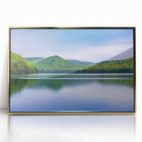 Mid-century modernist style large art print of a Pennsylvania scenery in muted earth tones, framed in acrylic.