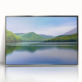 Mid-century modernist art depicting Pennsylvania scenery in muted earth tones on a silver-framed acrylic print.