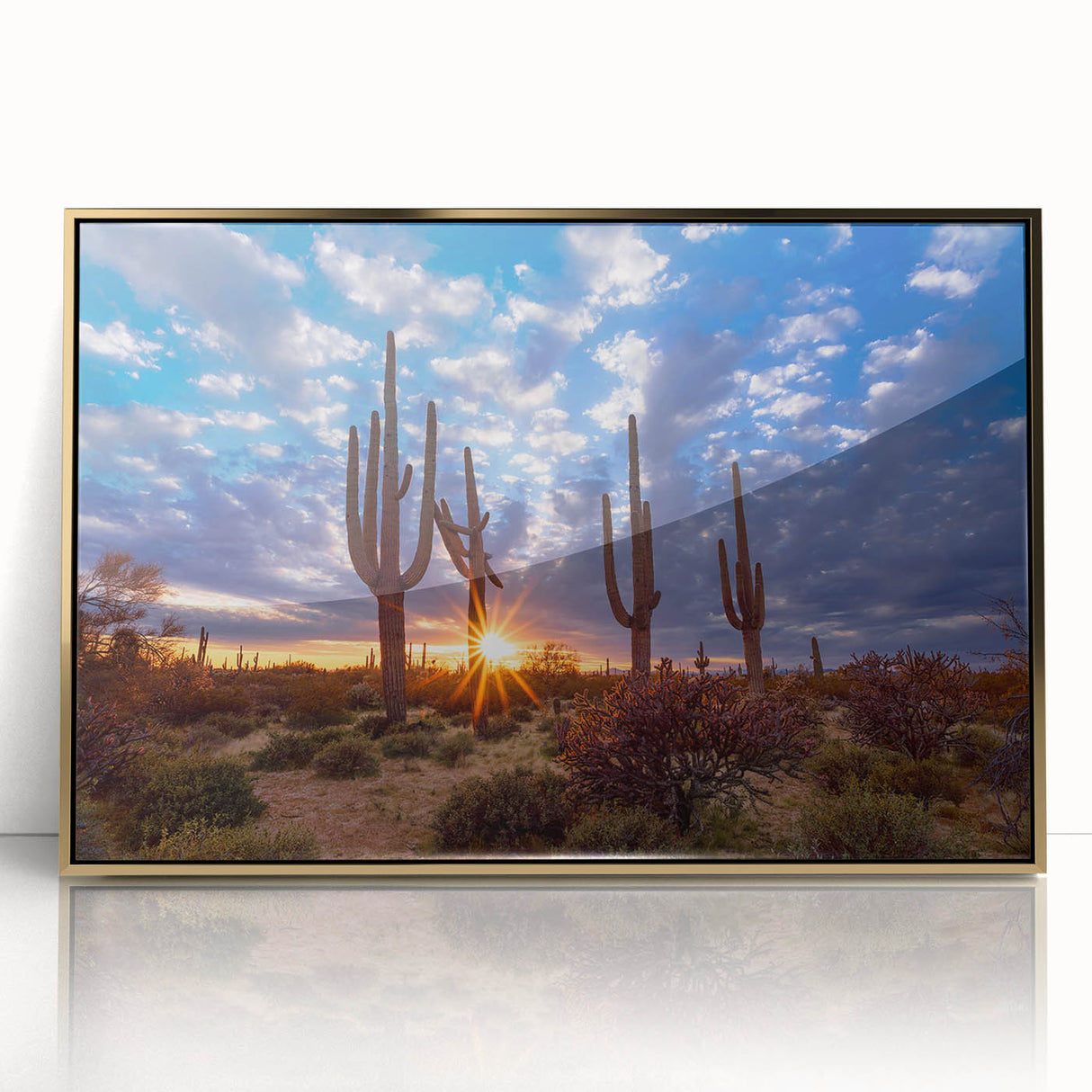 Mid-century modernist Phoenix valley landscape on framed acrylic, featuring warm gold and earth tones.