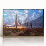 Mid-century modernist Phoenix valley landscape on framed acrylic, featuring warm gold and earth tones.
