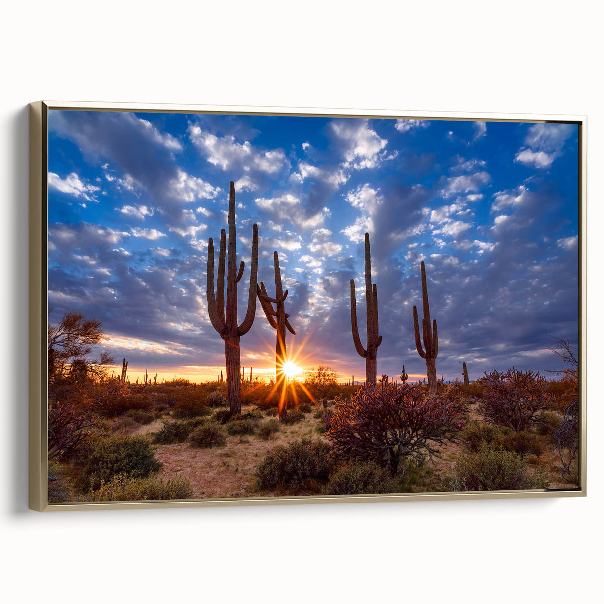Framed canvas depicting a vintage-style Phoenix valley landscape in muted gold and black tones.