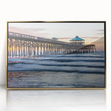 Large art print of a South Carolina landscape in mid-century modernist style, with muted earth tones on framed acrylic.