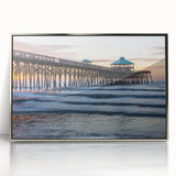 Mid-century modernist art depicting South Carolina scenery in muted earth tones on a silver-framed acrylic print.