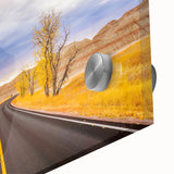 Mid-century modernist art of South Dakota Badlands in muted earth tones on large acrylic glass, ideal for dining room art.