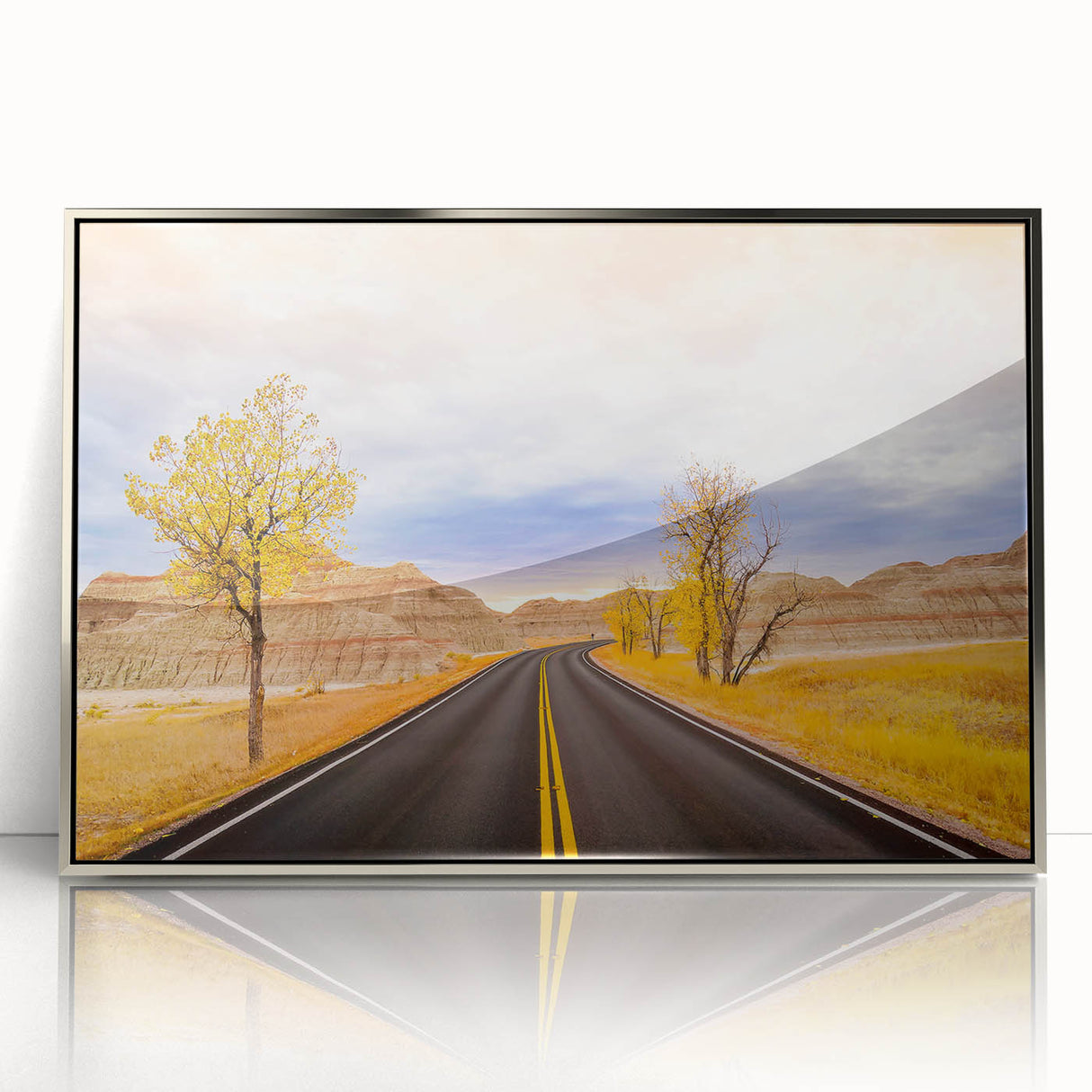 Mid-century modernist art depicting the South Dakota Badlands in muted earth tones on a framed acrylic print.