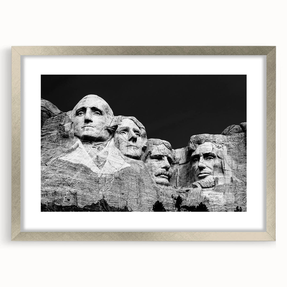 Textured art print of Mt. Rushmore in muted earth tones on a framed canvas, suitable for bedroom art.