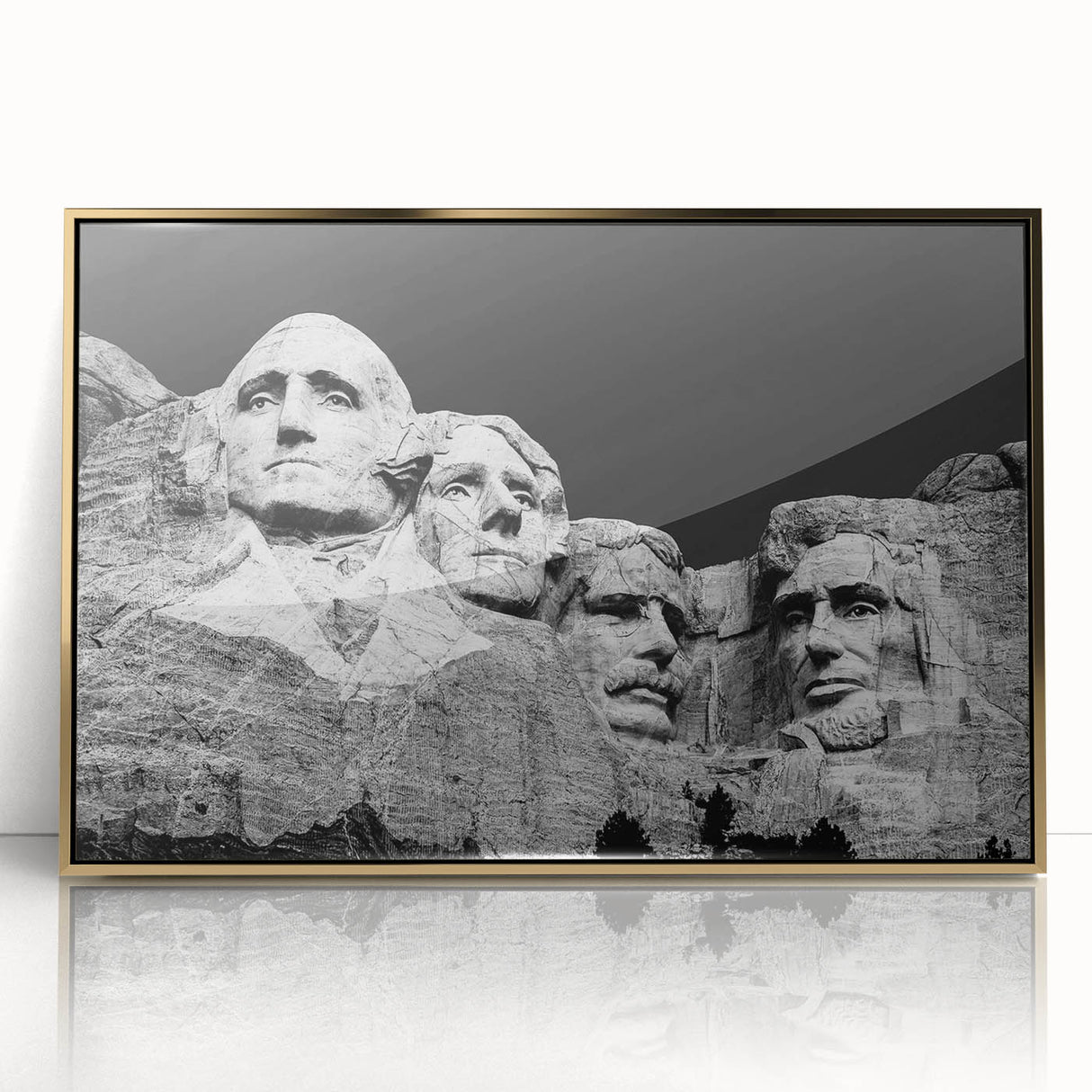 Framed acrylic print of Mt. Rushmore in muted earth tones, ideal for modern art wall decor.