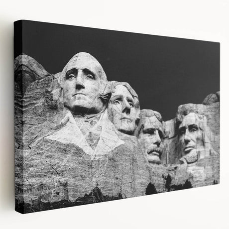 Side view of a stretched canvas featuring a realistic depiction of Mount Rushmore in natural tones.