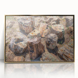 Mid-century modernist style depiction of South Dakota scenery on a gold-framed acrylic, featuring earthy tones.