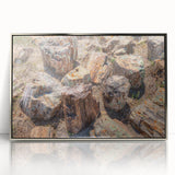 Mid-century modernist art depicting South Dakota scenery in muted earth tones on a framed acrylic panel.