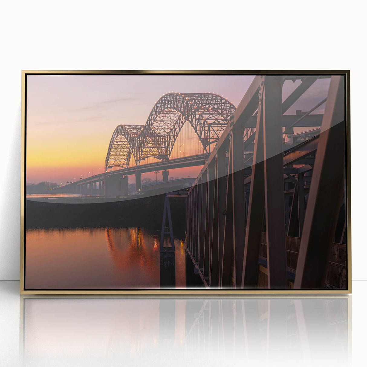 Framed acrylic print of Memphis skyline in muted gold tones, ideal for modern art wall decor.