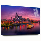 Large abstract depiction of Nashville skyline in muted gray and blue tones on acrylic glass.
