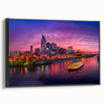 Black and white framed canvas of Nashville skyline, featuring vintage poster style, ideal for bedroom wall decor.