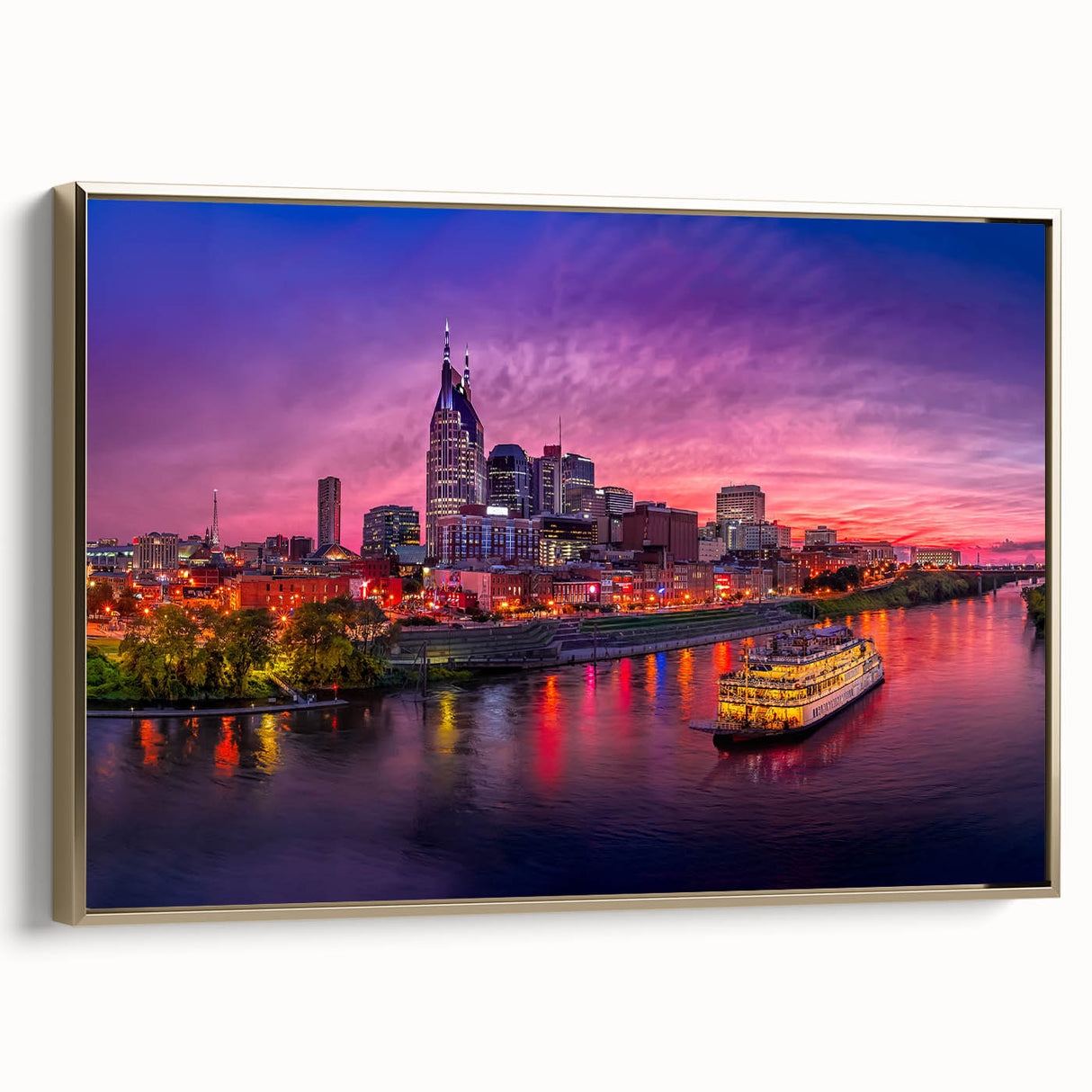 Framed canvas depicting a vintage-style Nashville landscape in muted gold and black tones, suitable for bedroom wall decor.