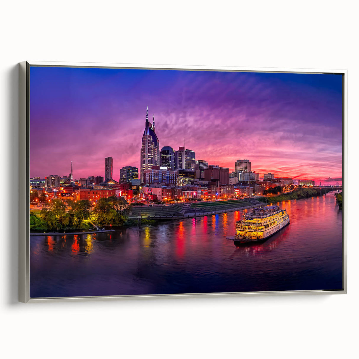 Framed canvas of vintage Nashville landscape with colorful art on a black background, ideal for living room decor.