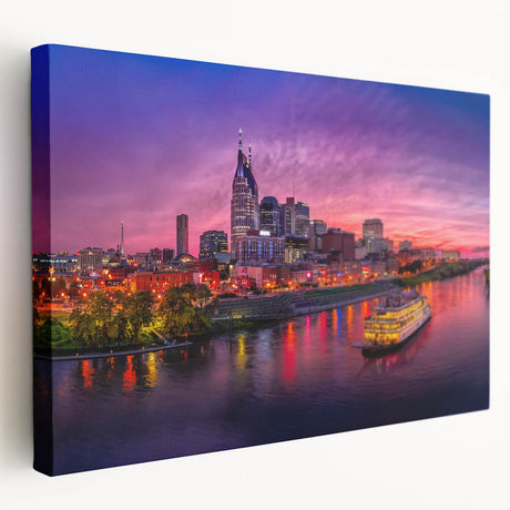Large stretched canvas featuring a detailed Nashville skyline in muted earth tones, suitable for kitchen wall art.