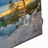 Large abstract wall art depicting Austin's skyline in muted blue tones on acrylic glass, suitable for dining room art.