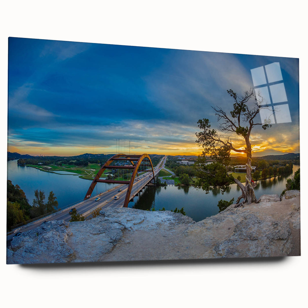 Side view of large abstract wall art featuring Austin, Texas skyline in muted gray and blue tones on acrylic glass.
