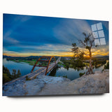 Side view of large abstract wall art featuring Austin, Texas skyline in muted gray and blue tones on acrylic glass.