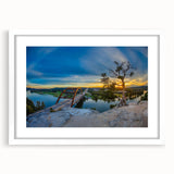 Abstract art print of Austin skyline in muted blue and grey tones on a framed white mat, ideal for dining room decor.