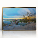 Mid-century modernist Austin skyline in muted gold and blue shades on framed acrylic, suitable for modern art wall decor.