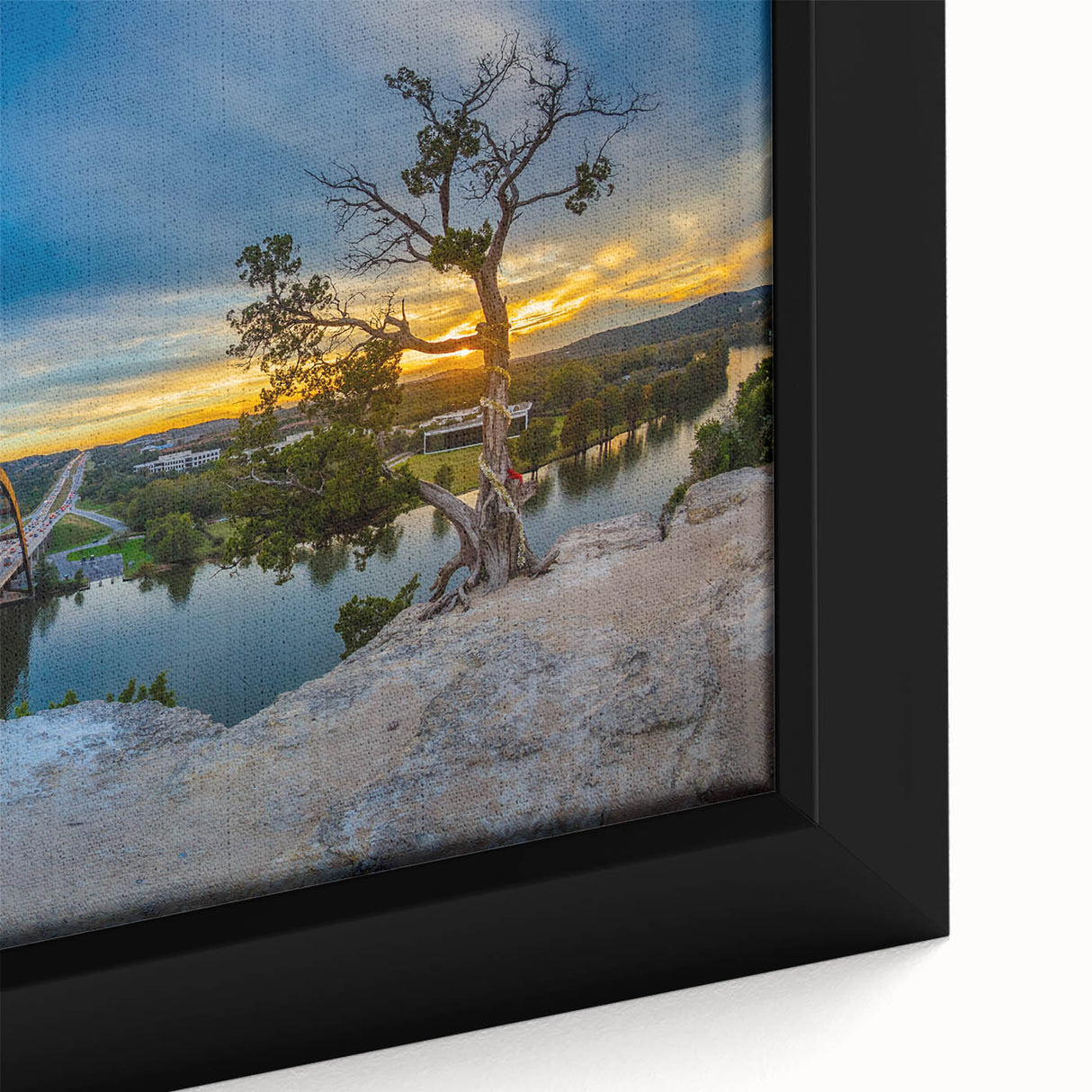 Textured black wall art featuring a colorful Austin skyline on extra large framed canvas, ideal for living room decor.