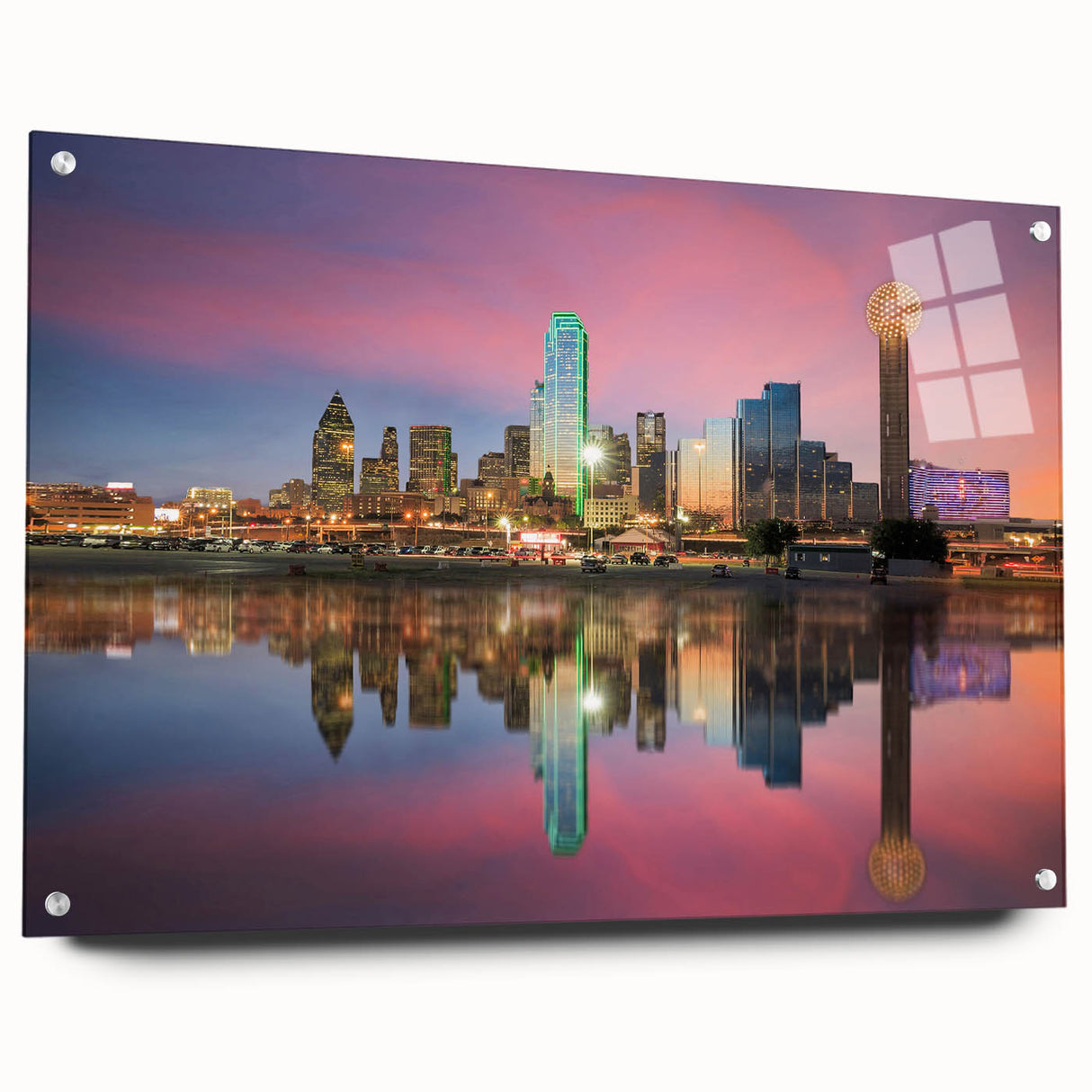 Large abstract depiction of the Dallas skyline in muted blue tones on acrylic glass.