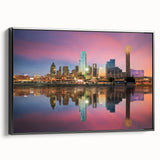 Black and white wall art featuring the Dallas skyline on a framed canvas, suitable for bedroom decor.