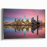 Framed canvas landscape art painting of Dallas skyline in colorful and black tones, suitable for office decor.