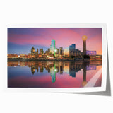 Rolled print of Dallas skyline in muted gray and blue tones, ideal for art wall dining room.